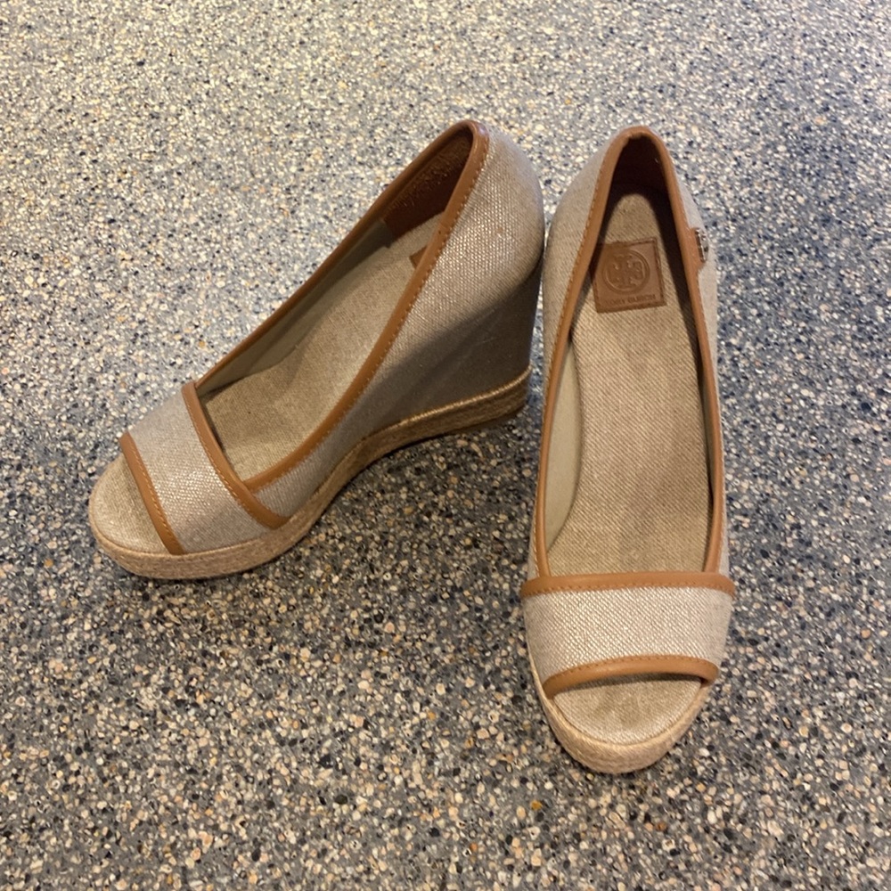 Tory Burch Beige and Tan Wedge Espadrilles